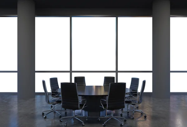 Panoramic conference room in modern office, copy space view from the windows. Black chairs and a black round table. 3D rendering. — 스톡 사진