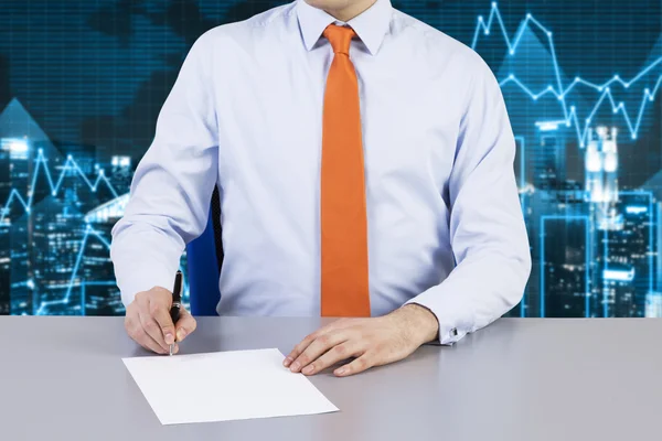 Businessman and contract signing process. Financial charts on the background and night business city. — Stock Photo, Image