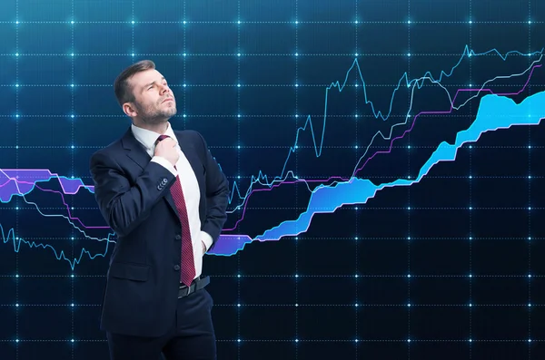 Closeup of successful portfolio manager in formal suit. A concept of decision making process in finance. Forex chart is on the background. — Φωτογραφία Αρχείου