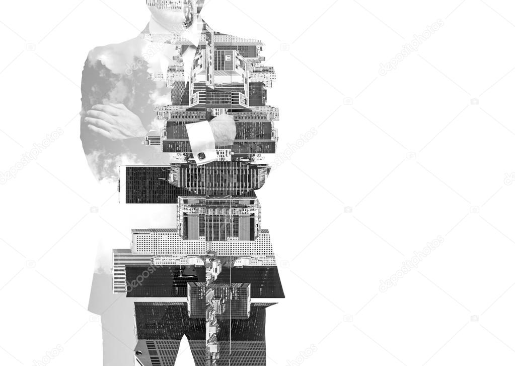 Abstract black and white Image of transparent businessman's Silhouettes. New York cityscape. Isolated.