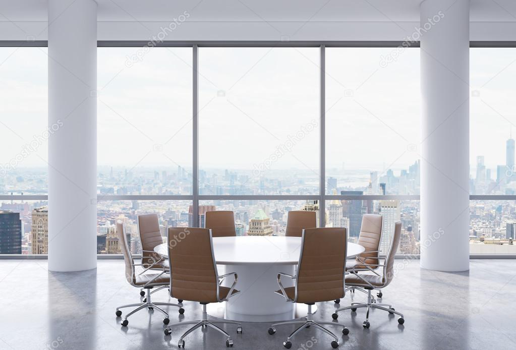 Panoramic conference room in modern office, New York city view. Brown chairs and a white round table. 3D rendering.