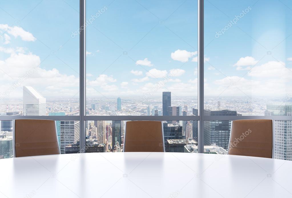 Panoramic conference room in modern office, New York city view from the windows. Close-up of the brown chairs and a white round table. 3D rendering.