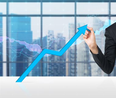 A hand is drawing a growing blue arrow. Forex chart and Singapore cityscape on the background.