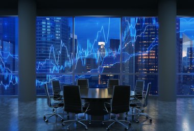Panoramic conference room in modern office, cityscape of New York skyscrapers at night, Manhattan. Financial chart is over the cityscape. Black chairs and a black round table. 3D rendering. clipart