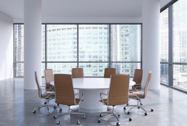 Moskova, Rusya modern ofis panoramik toplantı odasında. Kahverengi koltukları ve beyaz bir yuvarlak masa. 3D render.