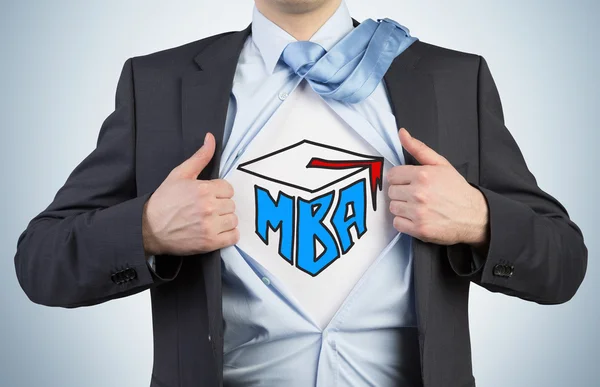 Successful young student is tearing the shirt. Business education icons are drawn on the chest. A concept of the MBA degree. — Stock Photo, Image