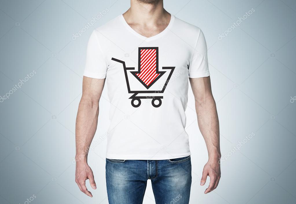 Close-up of a man in a white t-shirt with a sketch of the red down arrow and the basket. A concept of the decreasing of the purchasing power.