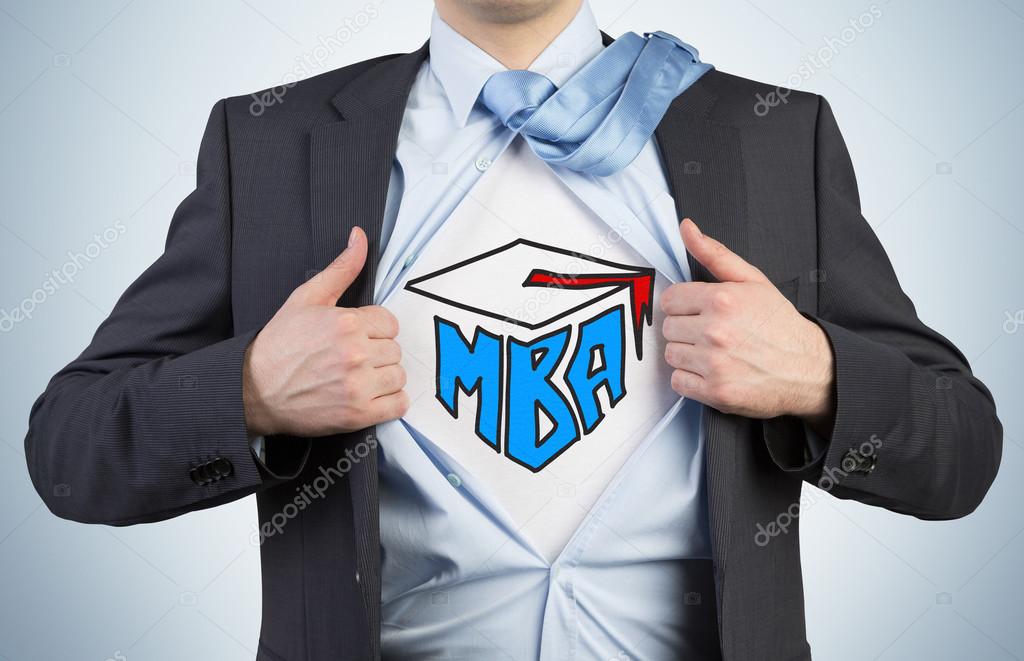 Successful young student is tearing the shirt. Business education icons are drawn on the chest. A concept of the MBA degree.
