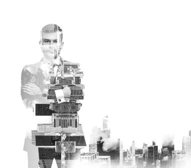 Abstract black and white Image of transparent businessman's Silhouettes. New York cityscape. Isolated.