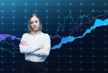 Closeup of beautiful portfolio manager with crossed hands in formal shirt. A concept of decision making process in finance. Forex chart is on the background.