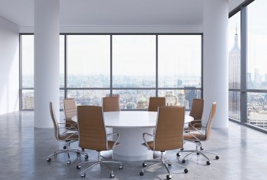 Panoramic conference room in modern office in New York City. Brown leather chairs and a white round table. 3D rendering.