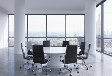 Panoramic conference room in modern office, New York City view. Black chairs and a white round table. 3D rendering.