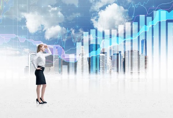 Full-length confident business lady in formal suit. A sketch of New York city and forex chart on the background. A concept of the asset management. — Stock Photo, Image