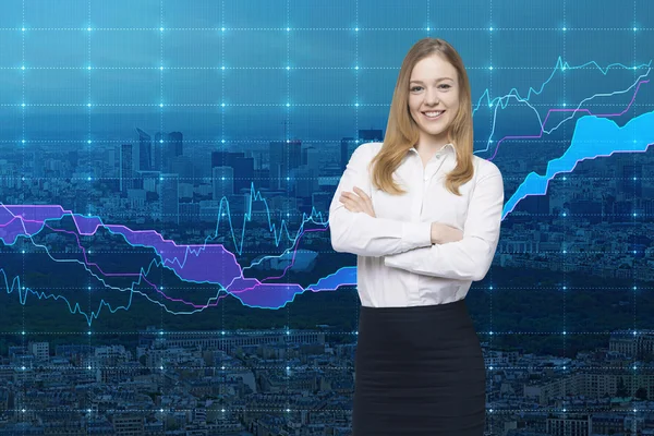 A smiling beautiful trader and forex chart. A concept of prosperous portfolio manager. New York City on the background. — 图库照片