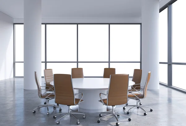 Panoramic conference room in modern office, copy space view from the windows. Brown leather chairs and a white round table. 3D rendering. — 图库照片