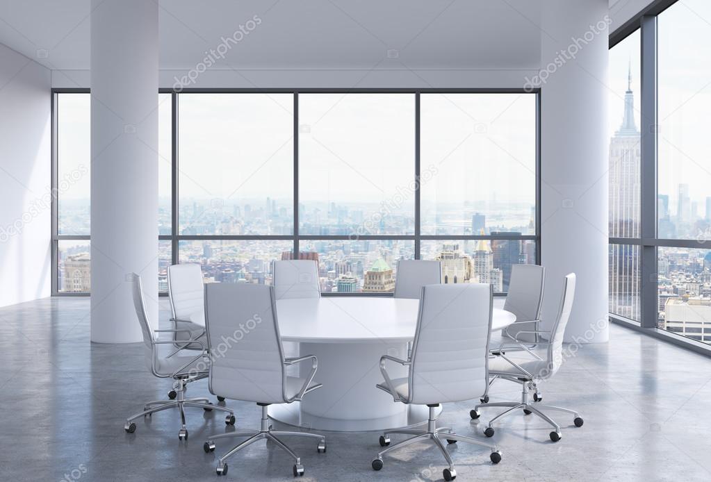 Panoramic conference room in modern office in New York City. White chairs and a white round table. 3D rendering.