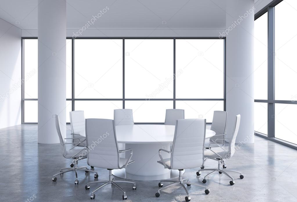 Panoramic conference room in modern office, copy space view from the windows. White chairs and a white round table. 3D rendering.