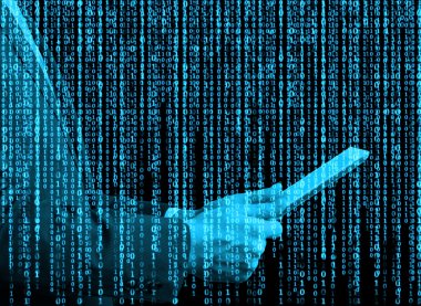 Digital hologram in a matrix style. A person with tablet is browsing some data in the Internet. Blue.