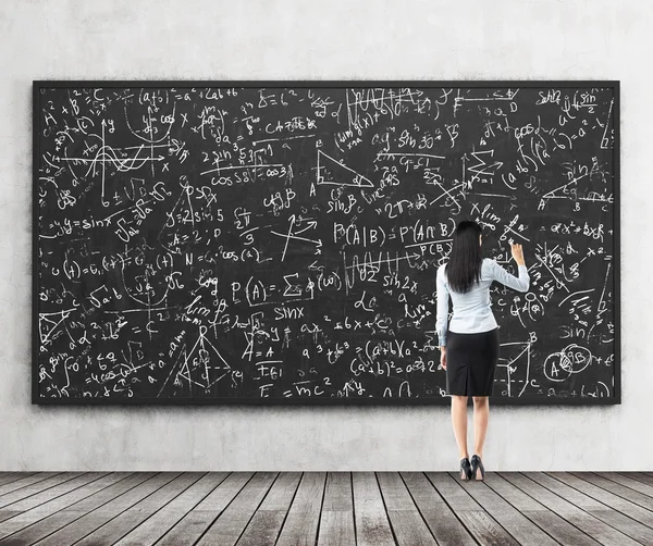 Full length of the rear view of the brunette girl who is writing down math formulas on the black chalkboard. A concept of university education.