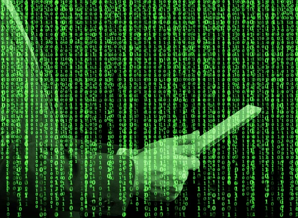 Digital hologram in a matrix style. A person with tablet is browsing some data in the Internet. Green. — Stockfoto