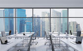 Pracoviště v moderní panoramatický úřadu, Singapur město pohled z oken. Otevřený prostor. Bílé tabulky a Černá kožená křesla. Pojetí finančních poradenských služeb. 3D vykreslování.