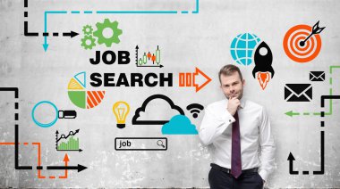 Young man in white shirt and tie ponders on employment. Colourful icons about job vacancies are drawn on the wall. A concept of recruitment process. Concrete wall on the background. Job search.