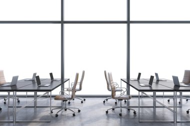 Workplaces in a modern panoramic office, copy space in the windows. Open space. Black tables and brown leather chairs. A concept of financial consulting services. 3D rendering.