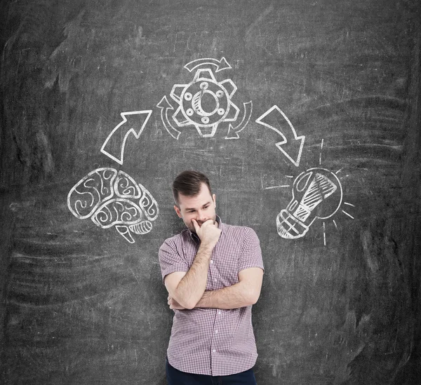 Young man in casual shirt holds his chin and ponders on the best solution of the problem. The steps of the brainstorm process are drawn on the black chalkboard wall. — 图库照片