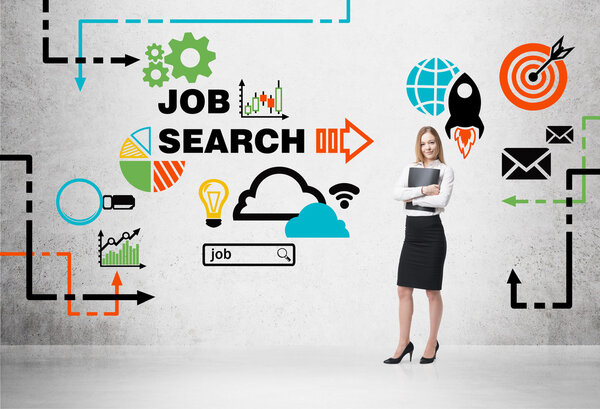 Прекрасный рекрутер-агент с черной папкой ищет новых кандидатов. Красочные иконки о вакансиях. Концепция процесса найма и поиска работы. Стажировка и аспирантура
.