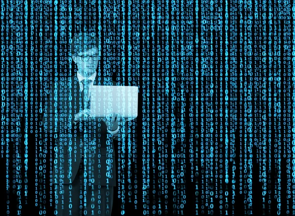 Digital hologram in a matrix style. A person with laptop is browsing data in the Internet. Blue. — Stock Photo, Image