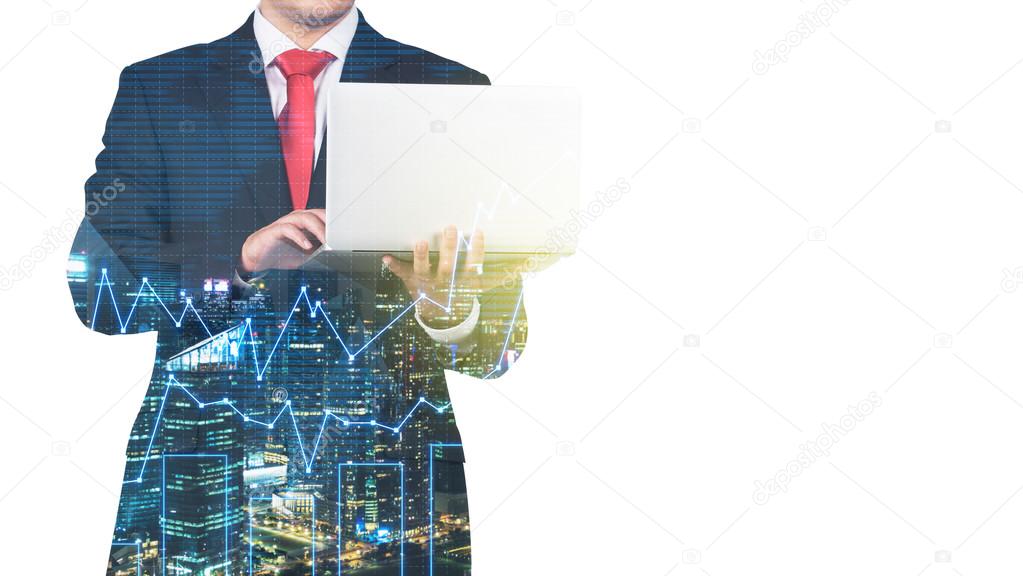A transparent silhouette of a man in formal suit who is looking for some data in the laptop. Panorama of evening New York city and financial charts on the background.