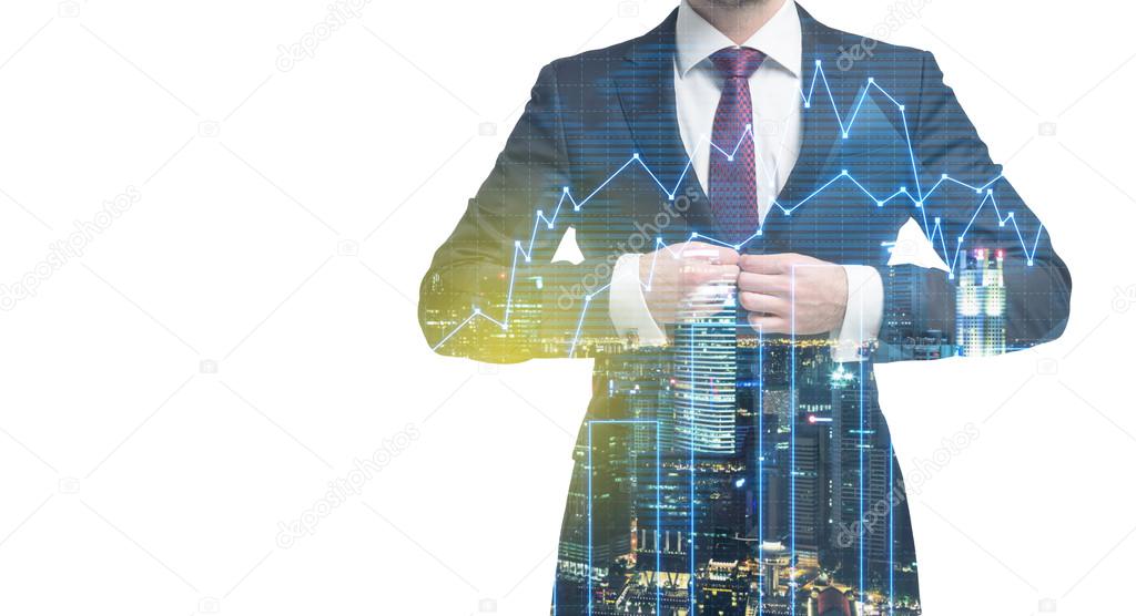 A transparent silhouette of a man in formal suit. Panorama of evening New York city. Financial chart is over the silhouette.