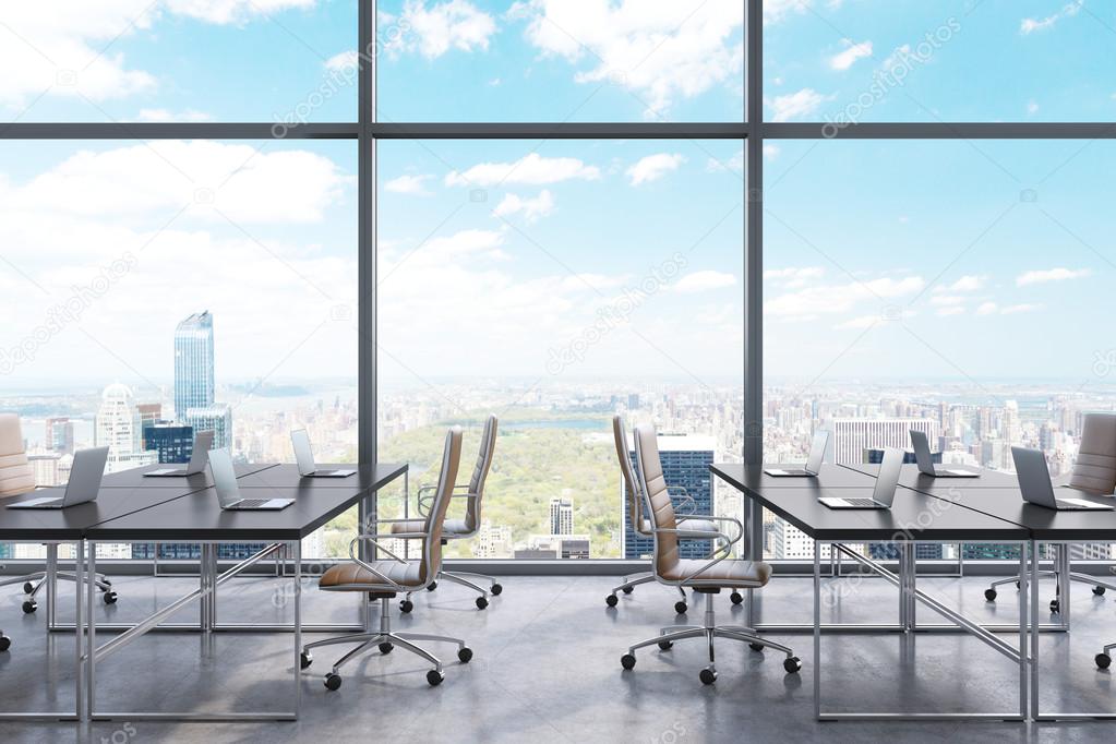 Workplaces in a modern panoramic office, New York city view from the windows. Open space. Black tables and brown leather chairs. A concept of financial consulting services. 3D rendering.