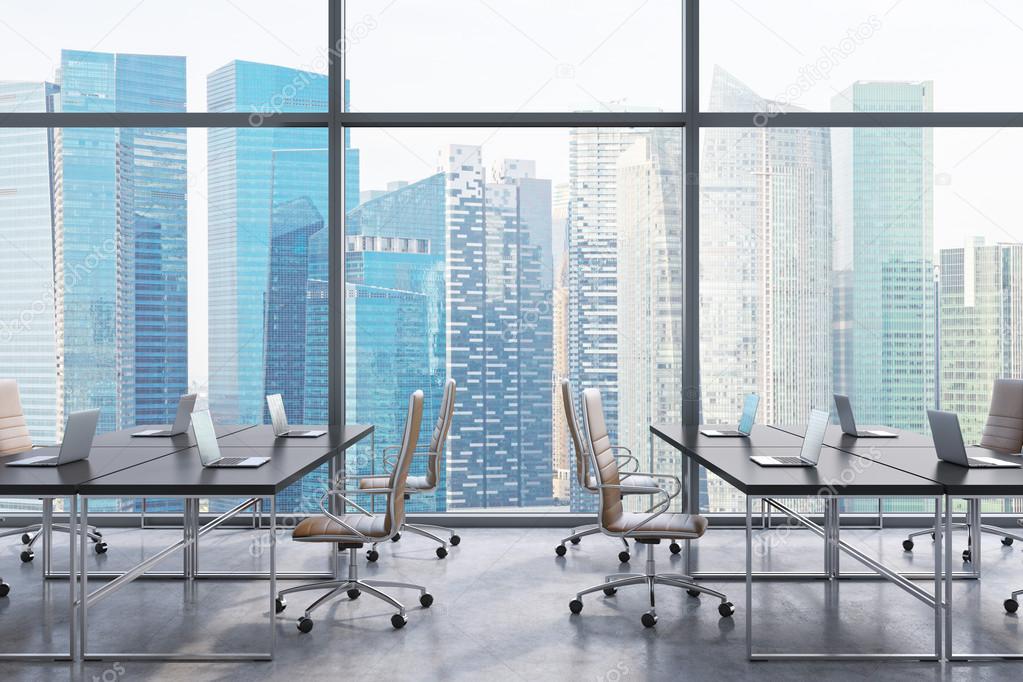 Workplaces in a modern panoramic office, Singapore city view from the windows. Open space. Black tables and brown leather chairs. A concept of financial consulting services. 3D rendering.