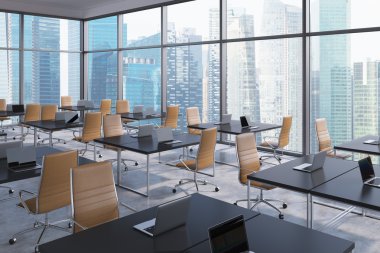 Workplaces in a modern corner panoramic office, Singapore business city view. Open space. Black tables and brown leather chairs. A concept of financial international services. 3D rendering.