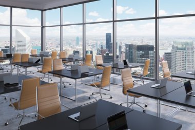 Workplaces in a modern corner panoramic office, New York city view, Manhattan. Open space. Black tables and brown leather chairs. A concept of financial international services. 3D rendering.