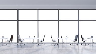Modern bir panoramik ofis içinde pencere eşiği kopya alanı işyerlerinde. Açık alan. Beyaz masa ve siyah deri sandalye. Finansal Danışmanlık Hizmetleri kavramı. 3D render.