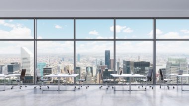 Workplaces in a modern panoramic office, New York city view in the windows, Manhattan. Open space. White tables and black leather chairs. A concept of financial consulting services. 3D rendering.