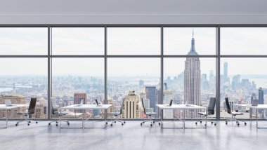 Workplaces in a modern panoramic office, New York city view in the windows, Manhattan. Open space. White tables and black leather chairs. A concept of financial consulting services. 3D rendering. clipart