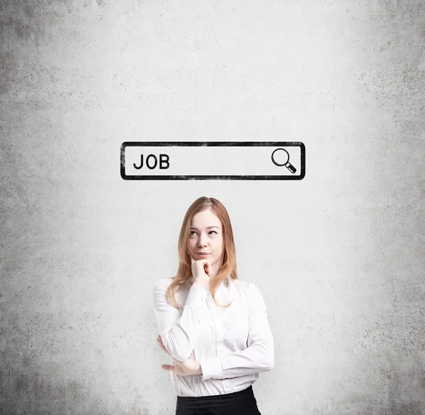 Beautiful lady in formal clothes is thinking about the best way to find a job. The concept of the looking for a job in the Internet. Searching line are drawn on the concrete wall. — ストック写真