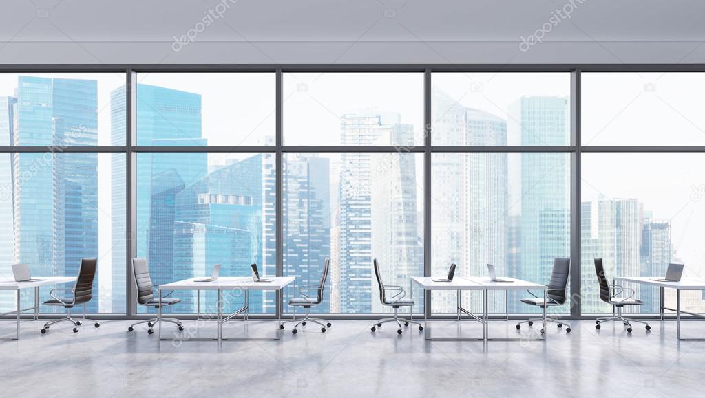 Workplaces in a modern panoramic office, Singapore city view in the windows. Open space. White tables and black leather chairs. A concept of financial consulting services. 3D rendering.