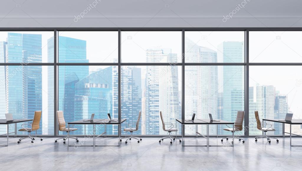 Workplaces in a modern panoramic office, Singapore city view. Open space. Black tables and brown leather chairs. A concept of financial consulting services. 3D rendering.