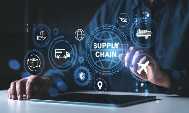 Person interacting with holographic supply chain icons, blue digital style on dark tech background, concept of logistics and distribution network