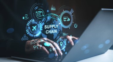 Hands typing on laptop with glowing hologram supply chain icons, futuristic graphic style, dark background, concept of global logistics technology