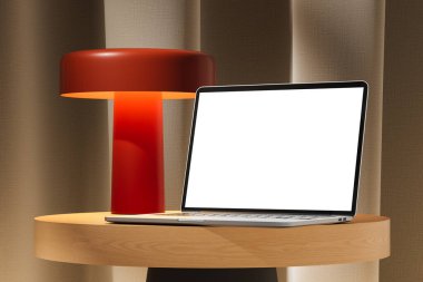 Laptop with blank screen and red lamp on round wooden table, realistic style, soft curtain background. Concept for branding, mockup, or product template. 3D Rendering