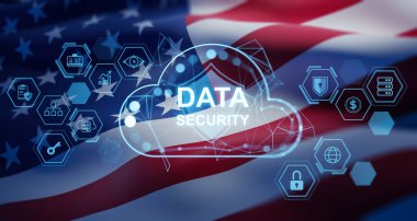 Data security cloud computing concept with glowing digital icons in double exposure style over waving USA flag background. Cyber protection technology. 3D Rendering