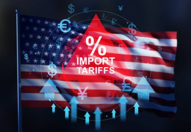 USA flag with red triangle showing import tariffs symbol, double exposure style, on dark background with global currency icons. Concept of trade policy. 3D Rendering