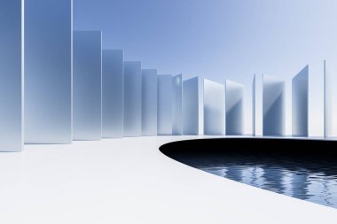 Abstract tall glass panels line a smooth white surface next to a reflective pool, set in a minimal futuristic space under a soft blue sky. 3D Rendering