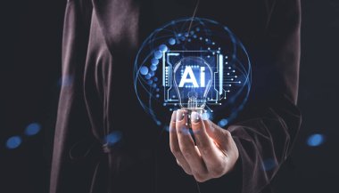 Hand holding a light bulb with AI chip hologram and neural network graphics, shown on dark background, symbolizing artificial intelligence concept