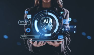Woman holding tablet with AI brain hologram, digital communication icons, futuristic style on dark background, concept of artificial intelligence technology